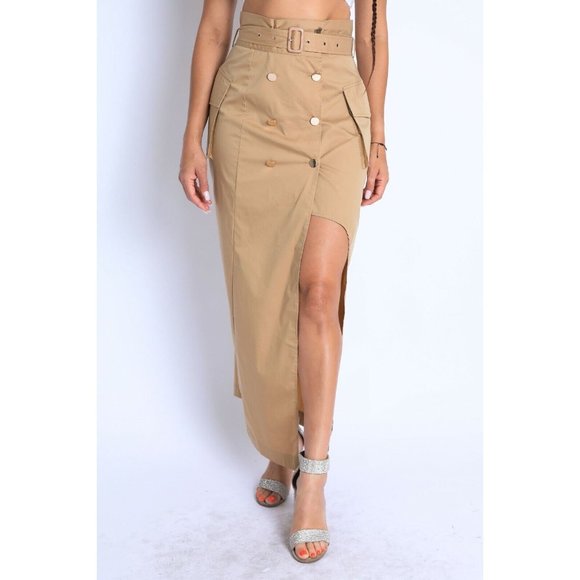 Boutique Dresses & Skirts - Women Asymmetric Self Belted Pockets Detailed Maxi Skirt Formal Casual Khaki